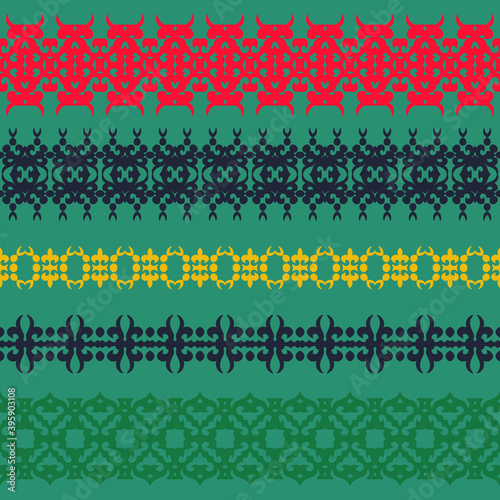 Set of 5 seamless border workpiece for your design. Ornamental elements and motifs. Decor for textile and print design. Vector.	