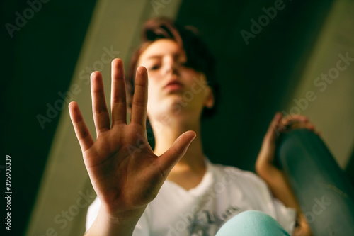 Hand palm reading. palm of a young girl. Palmistry. lines of fate  of  hand photo