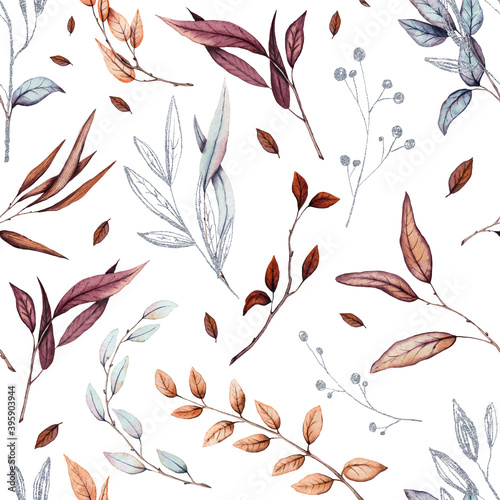 Seamless Pattern of Watercolor Leaves and Herbs