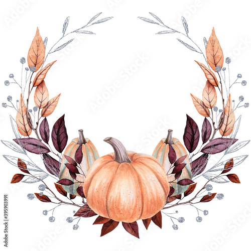 Wreath with Watercolor Pumpkin and Silver Elements