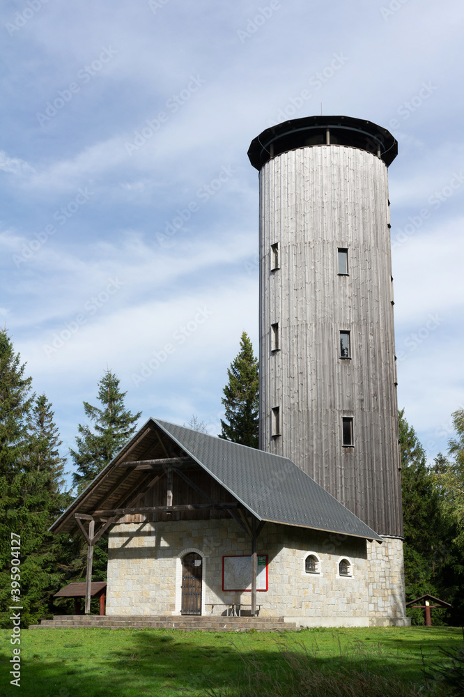 Boruvkova hora (Blueberry mountain), Rychlebske hory (Rychlebske mountains), Czech Republic / Czechia - lookout and observation tower on the top of hill.