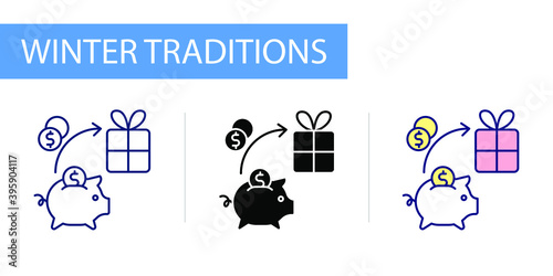 icons set, Hygge, piggy bank, money for a gift