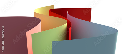 Curved sheets of colorful paper on white background