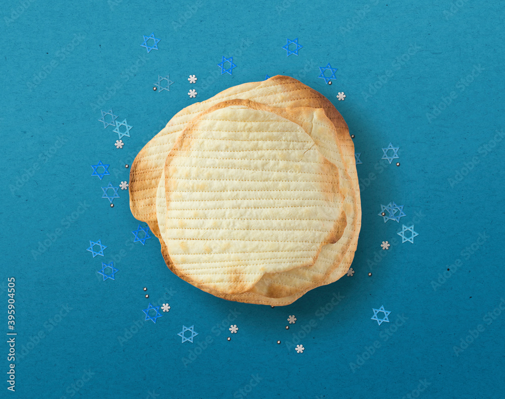 Pesach greeting card with kosher matzo bread. Copy space for Passover wishes Pesach greeting card with kosher matzo bread. Copy space for Passover wishes