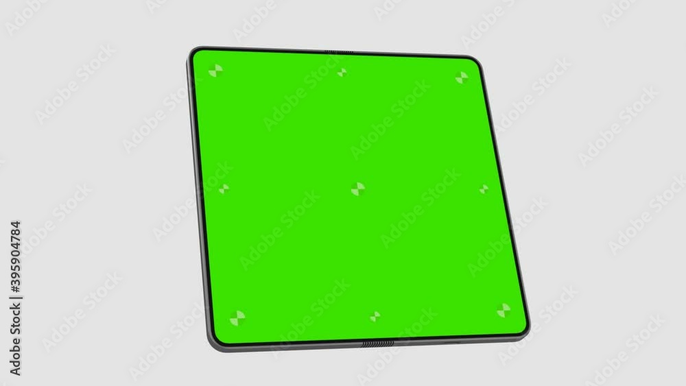 A folding modern smartphone with blank green screen is opening, flies in from the bottom and opens with lighting up the screen. Alpha matte included. 4k 60fps UHD