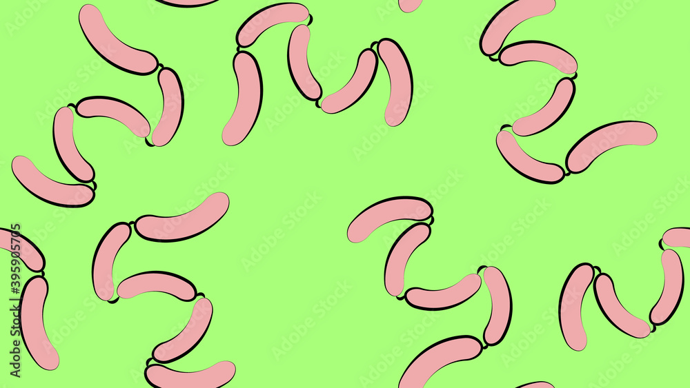 Fototapeta premium sausages on a green background, vector illustration, pattern. roy sausages in natural casing, farm meat. seamless pattern, background, endless pattern
