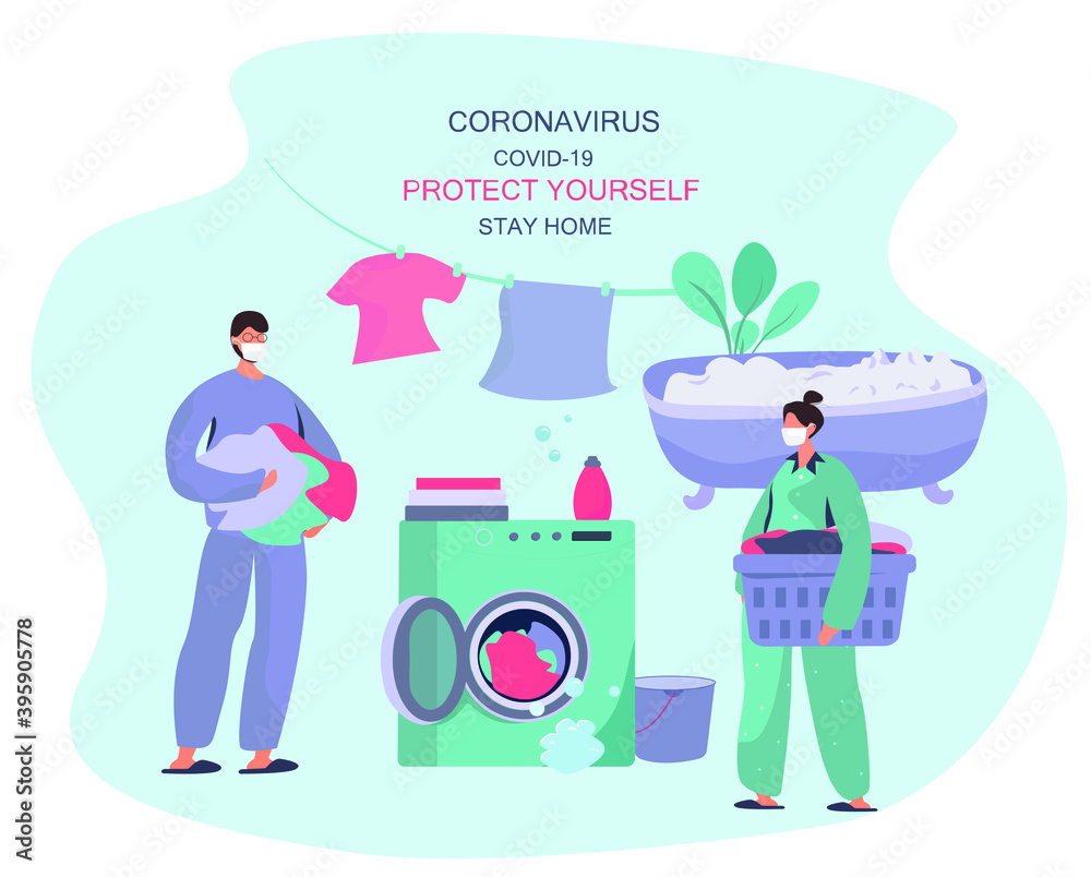 Family Characters Washing Clothes in Washing Machine.Home Household and Wash Clothes.Domestic Work.Putting Clothes in Washing Machine.Every Day Housework Routine during Quarantine.Vector Illustration