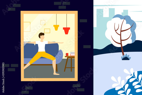Man doing yoga on a frosty winter day. Illustration of half a house and a street. Winter vector illustration in flat style.