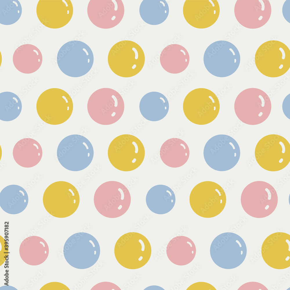 Seamless pattern with cartoon balls in yellow, blue and pink. Bright vector illustration. Great for designing children's pyjamas, clothing, bedding, scrapbooking, patchwork, children's school supplies Seamless pattern with cartoon balls in yellow, blue and pink. Bright vector illustration. Great for designing children's pyjamas, clothing, bedding, scrapbooking, patchwork, children's school supplies