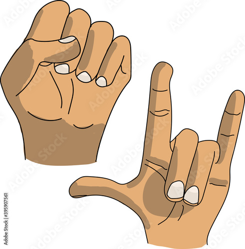 Hands showing fist and rock goat, primitives, children's drawing from art school