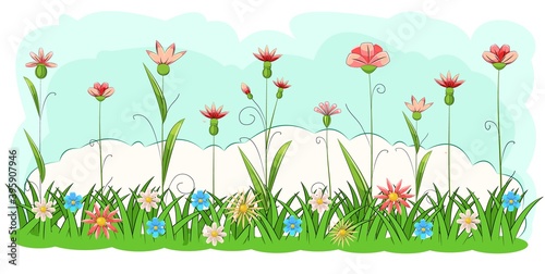 Blooming meadow with grass and flowers. Sky. Cartoon just style. Isolated on white background. Romantic fabulous illustration. Vector