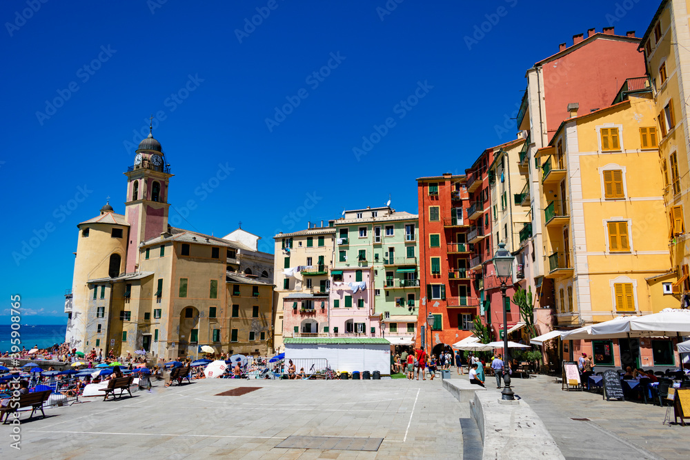 Italy, Liguria, Camogli - 5 July 2020 - A square in the colorful Camogli
