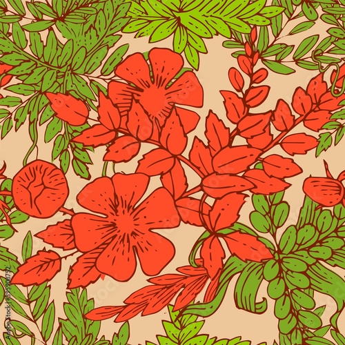 Floral ornament. Plexus of branches and leaves of trees, shrubs and herbs. Decorative and wild flowers. Seamless. Beautiful summer, spring composition. Vector illustration.