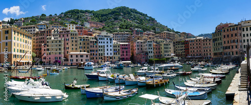 Italy, Liguria, Camogli - 5 July 2020 - The fantastic and colorful port of Camogli