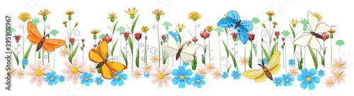 Blooming meadow with grass and flowers. Scenery. Cartoon style. Romantic fabulous illustration. Isolated on white background. Beautiful natural view. Wild plant nature. Rural scene. Vector