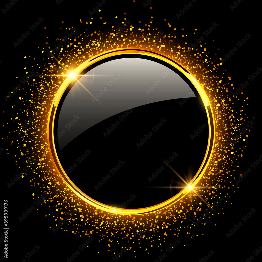 Golden button with sparkling glitter on black background. Vector luxury ...