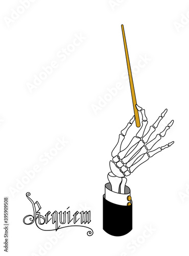 hand bones with conductor baton, skeleton part, doomsday requiem, apocalyptic mystical show, vector illustration  with black contour lines isolated on white background in cartoon and flat design