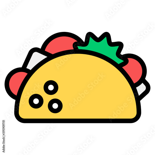 
American stuffed vegetable tortilla, flat icon of taco  
