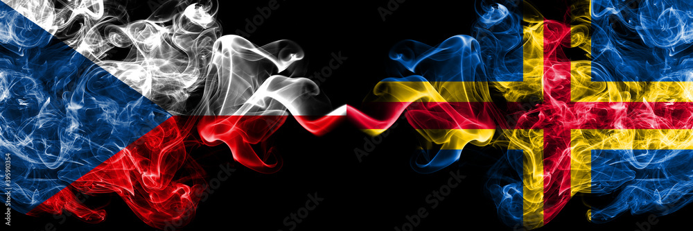 Czech Republic, Czech vs Aland, Alandic smoky mystic flags placed side by side. Thick colored silky abstract smoke flags. Czech Republic, Czech vs Aland, Alandic smoky mystic flags placed side by side. Thick colored silky abstract smoke flags.