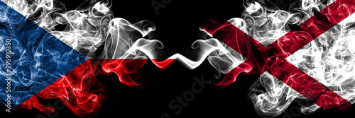 Czech Republic, Czech vs Alabama, Alabamian smoky mystic flags placed side by side. Thick colored silky abstract smoke flags. photo