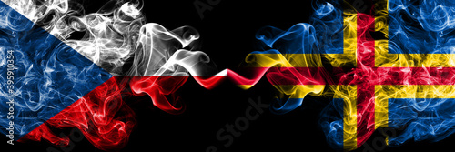 Czech Republic  Czech vs Aland  Alandic smoky mystic flags placed side by side. Thick colored silky abstract smoke flags.