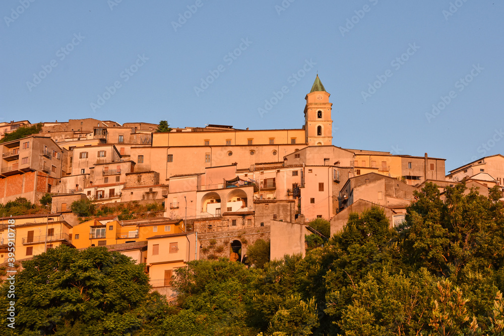 Panoramic view of Viggianello, a village in the mountains of the Basilicata region, Italy.