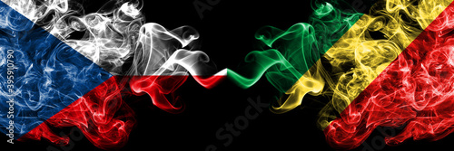 Czech Republic, Czech vs Congo, Congolese smoky mystic flags placed side by side. Thick colored silky abstract smoke flags.