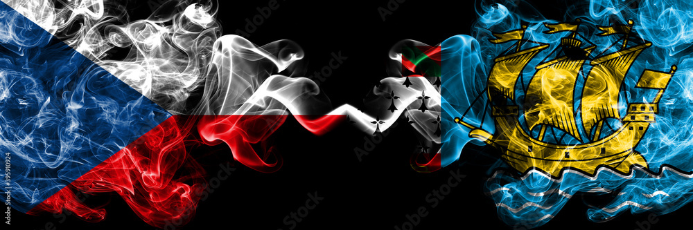 Czech Republic, Czech vs France, French, Saint-Pierre and Miquelon smoky mystic flags placed side by side. Thick colored silky abstract smoke flags.