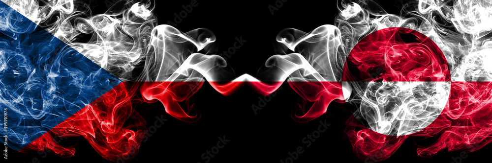 Czech Republic, Czech vs Greenland, Denmark, Danish smoky mystic flags placed side by side. Thick colored silky abstract smoke flags. Czech Republic, Czech vs Greenland, Denmark, Danish smoky mystic flags placed side by side. Thick colored silky abstract smoke flags.