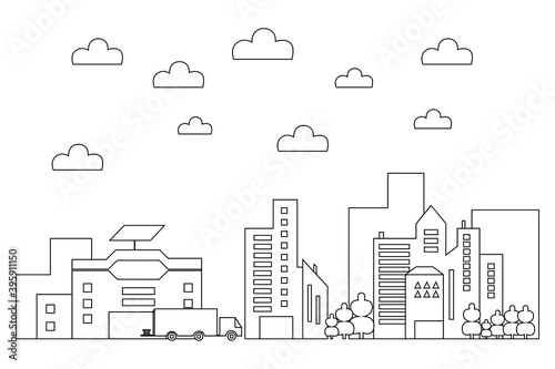 Line art vector Illustration of a modern big city background with skyscrapers. Flat design style. Vector illustration on a white background.