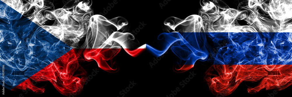 Czech Republic, Czech vs Russia, Russian smoky mystic flags placed side by side. Thick colored silky abstract smoke flags. Czech Republic, Czech vs Russia, Russian smoky mystic flags placed side by side. Thick colored silky abstract smoke flags.