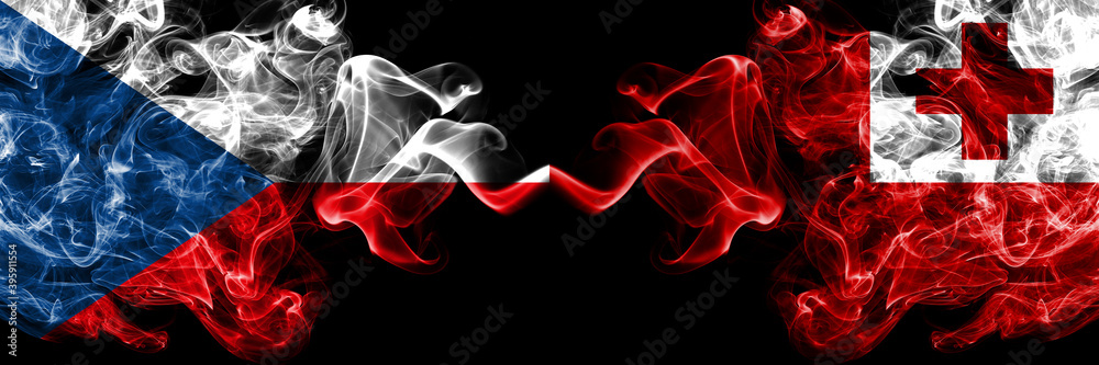 Czech Republic, Czech vs Tonga smoky mystic flags placed side by side. Thick colored silky abstract smoke flags. Czech Republic, Czech vs Tonga smoky mystic flags placed side by side. Thick colored silky abstract smoke flags.