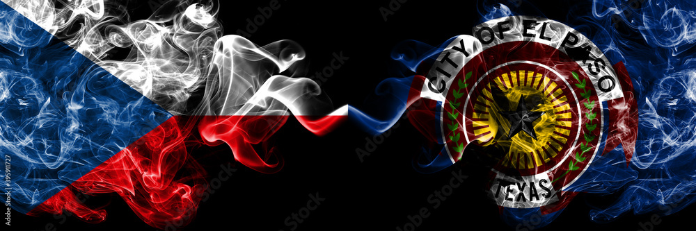 Fototapeta premium Czech Republic, Czech vs United States of America, America, US, USA, American, El Paso, Texas smoky mystic flags placed side by side. Thick colored silky abstract smoke flags.