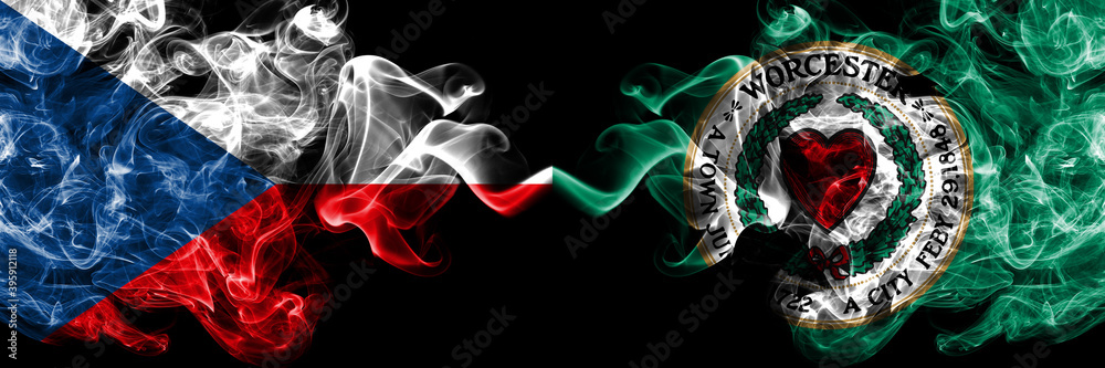 Fototapeta premium Czech Republic, Czech vs United States of America, America, US, USA, American, Worcester, Massachusetts smoky mystic flags placed side by side. Thick colored silky abstract smoke flags.