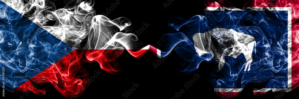 Czech Republic, Czech vs United States of America, America, US, USA, American, Wyoming smoky mystic flags placed side by side. Thick colored silky abstract smoke flags. Czech Republic, Czech vs United States of America, America, US, USA, American, Wyoming smoky mystic flags placed side by side. Thick colored silky abstract smoke flags.