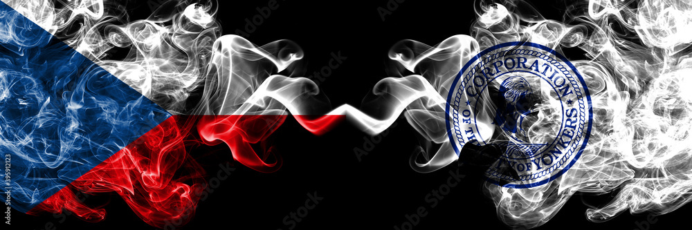 Czech Republic, Czech vs United States of America, America, US, USA, American, Yonkers, New York smoky mystic flags placed side by side. Thick colored silky abstract smoke flags. Czech Republic, Czech vs United States of America, America, US, USA, American, Yonkers, New York smoky mystic flags placed side by side. Thick colored silky abstract smoke flags.