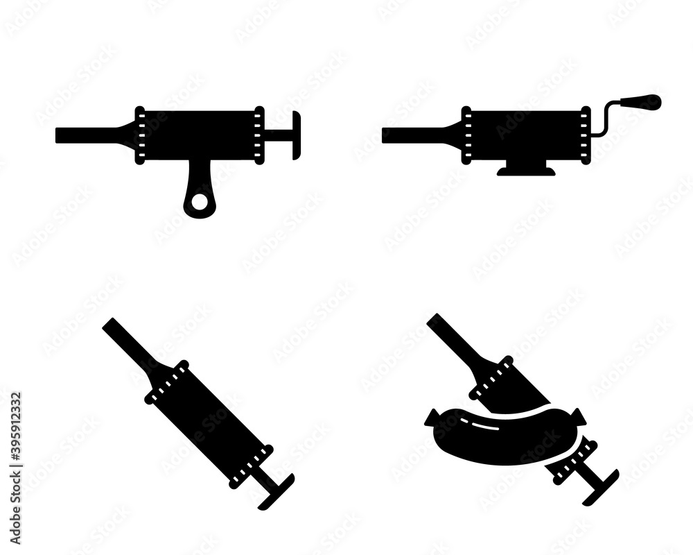 Sausage stuffer. Silhouette icons set. Black simple illustration of filling machine or manual syringe for cooking homemade meat food. Outline isolated vector pictogram on white background Sausage stuffer. Silhouette icons set. Black simple illustration of filling machine or manual syringe for cooking homemade meat food. Outline isolated vector pictogram on white background