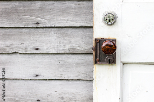 Принти на полотні Vintage door with new deadbolt lock for security.