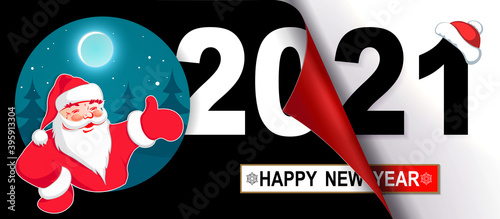 Christmas composition happy new year 2021, silhouette of Santa Claus, hand indicates the direction