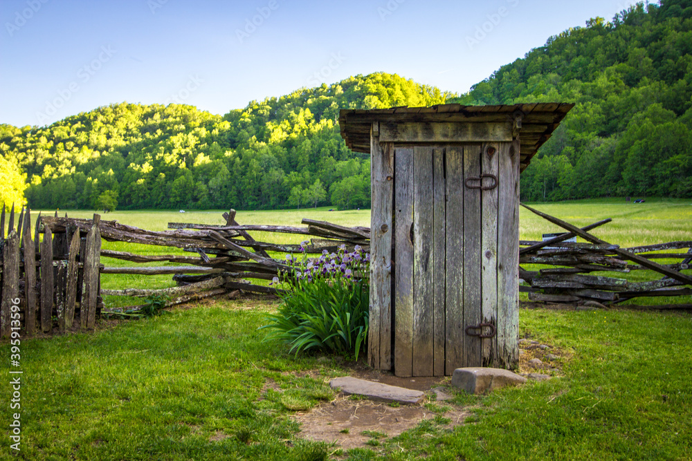 Old wooden outhouse in the Great Smoky Mountains National Park in North Carolina. 