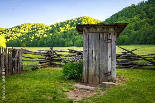 Old wooden outhouse in the Great Smoky Mountains National Park in North Carolina.  photo