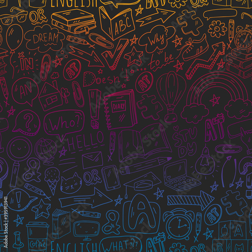 Concept of learning English. Online language courses. E-learning. Pattern with vector icons.