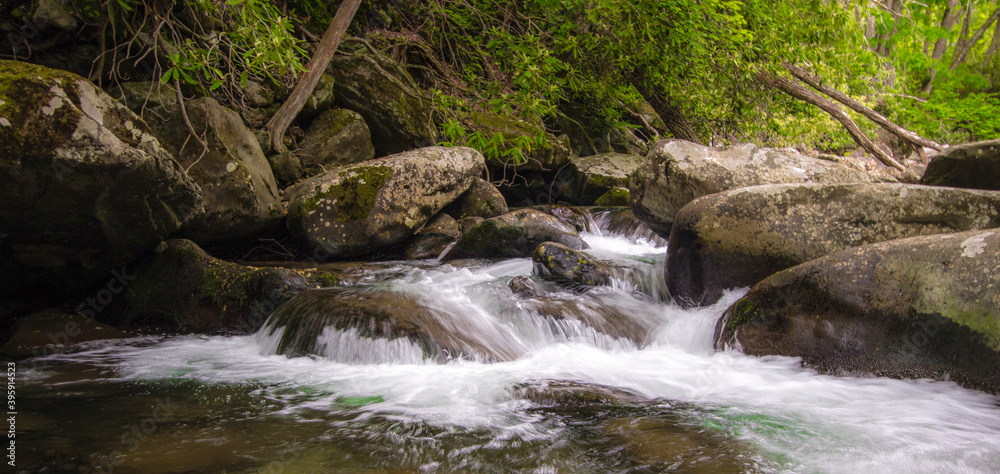 Waterfall Panorama. Great Smoky Mountain National Park waterfall in panoramic orientation. Waterfall Panorama. Great Smoky Mountain National Park waterfall in panoramic orientation.