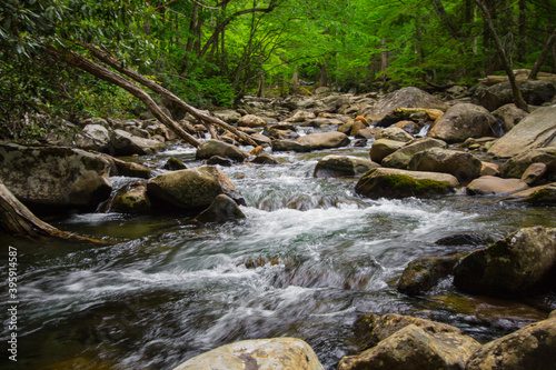 Smoky Mountain Landscape. Stream on a rocky river flows through the mountain wilderness of the Great Smoky Mountains National Park in Gatlinburg, Tennessee, USA.