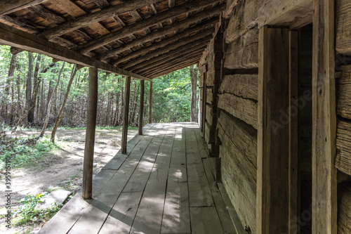 Log cabin front porch of historical structure in the Great Smoky Mountain National Park.