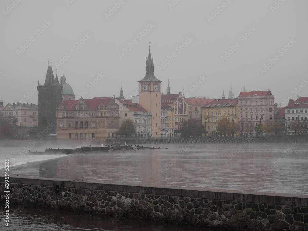 Prague Old Town on a foggy autumn morning