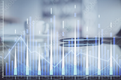 Double exposure of forex chart over coffee cup background in office. Concept of financial analysis and success.