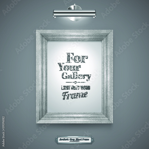Realistic, White Wood Frame for Picture, Rectangle Wood Border and Lamp on a Wall.