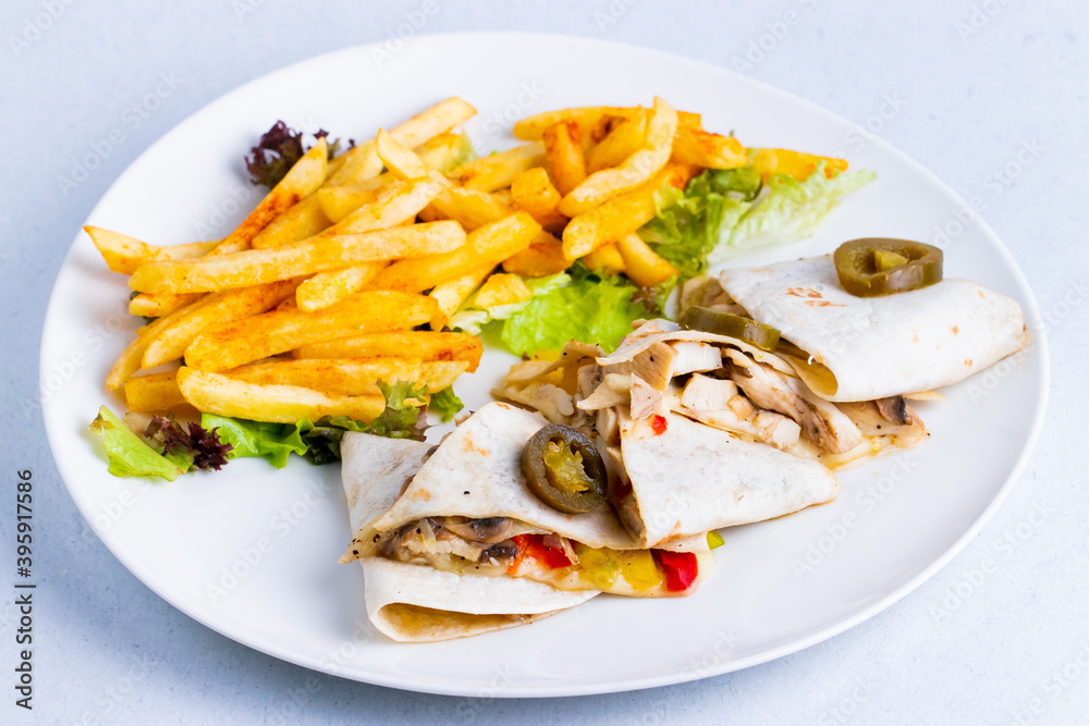 Delicious chicken quesadilla with french fries in a white plate. Delicious chicken quesadilla with french fries in a white plate.