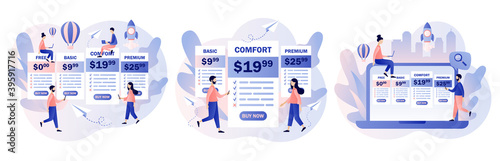 Tariff plans. Tiny people choose their plan type. Price list options plans for online services. Pricing table for business. Modern flat cartoon style. Vector illustration on white background